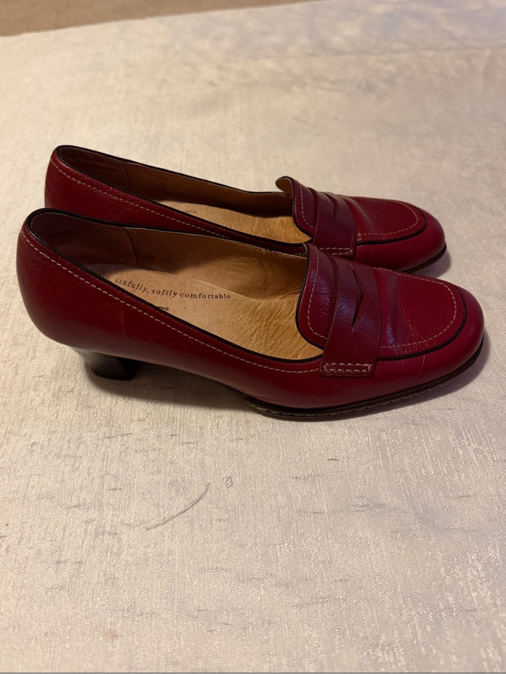 Softspots Women's Deep Wine Leather Penny Loafer Heels - Picture 4 of 6